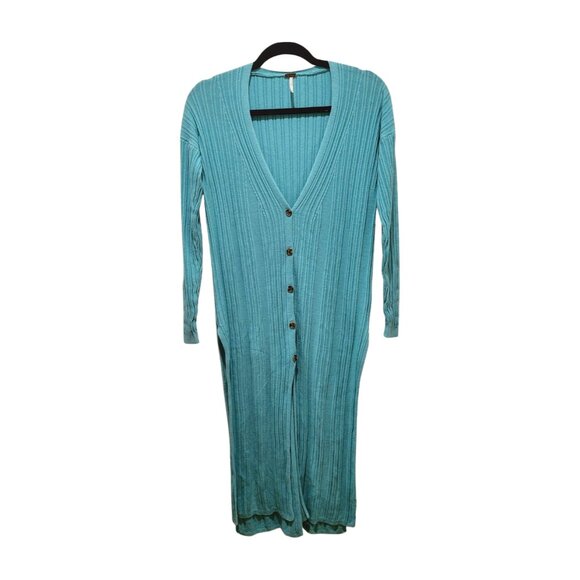 Free People Skinny Mini Duster Cardigan Oversized XS to M Aqua Blue - Picture 3 of 8